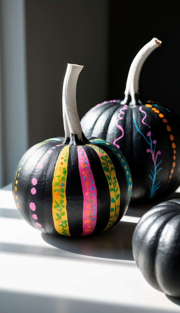Close-up of one to two black pumpkins with colorful painted designs and a bleached white stem on a clean tabletop.
