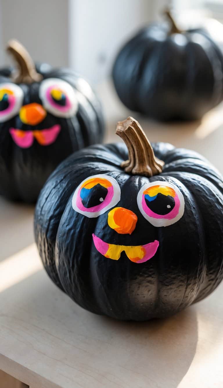 One or two black pumpkins on a table with colorful painted eyes and mouths.