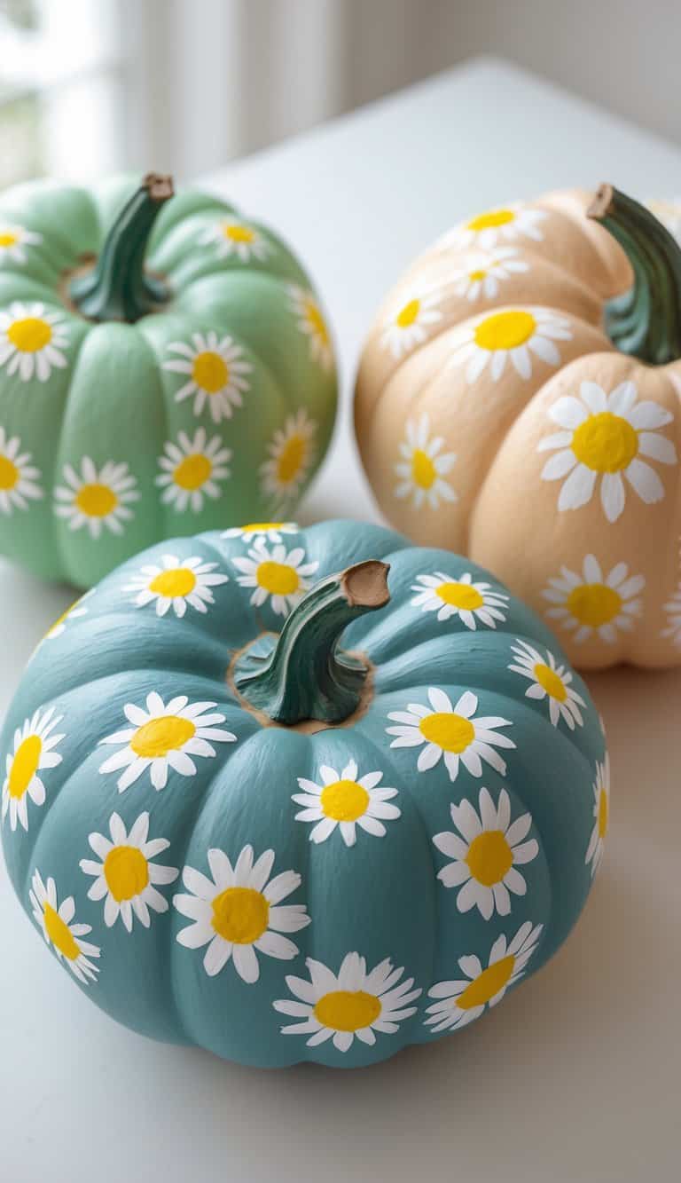 Close-up of one to two pumpkins painted with small white daisies scattered across their surfaces, placed on a plain tabletop.