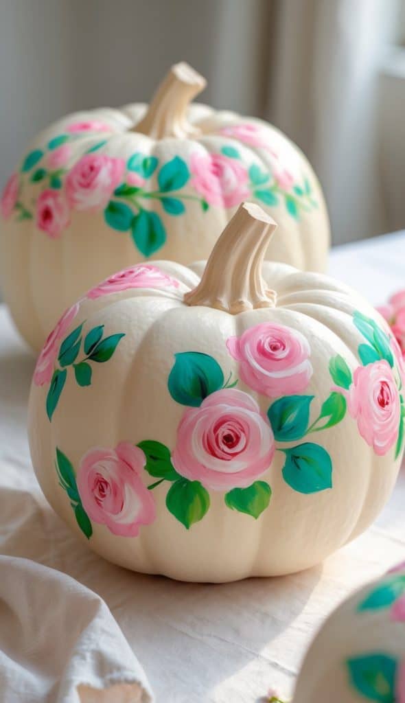 White pumpkins decorated with hand-painted pink roses and green leaves are displayed on a light-colored tablecloth, with soft natural light illuminating the scene.