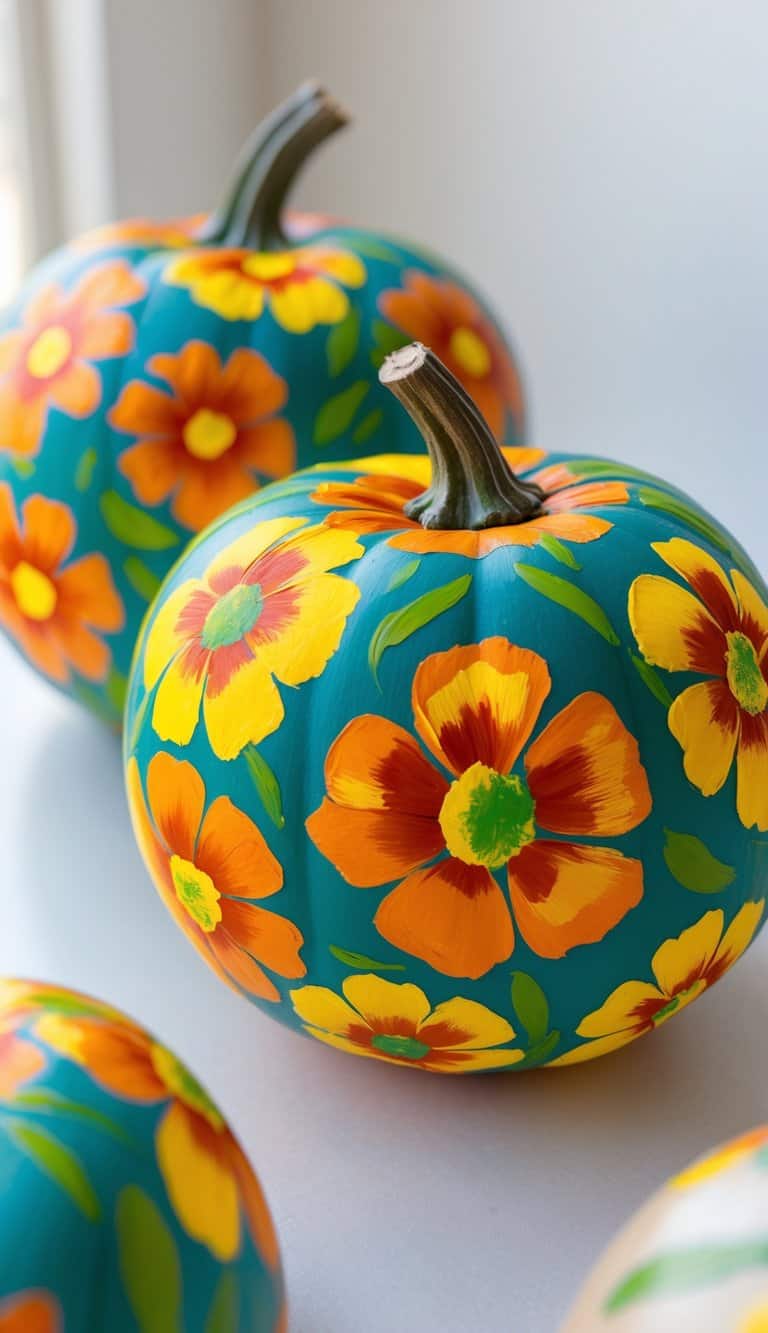 One to two pumpkins painted with bright marigold flower designs on a simple tabletop.
