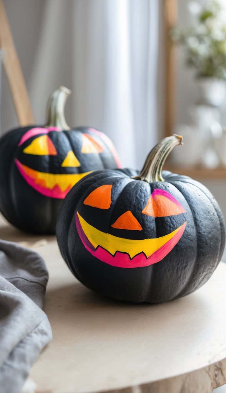 Close-up of one to two black pumpkins painted with colorful Jack-o-Lantern faces on a clean tabletop.
