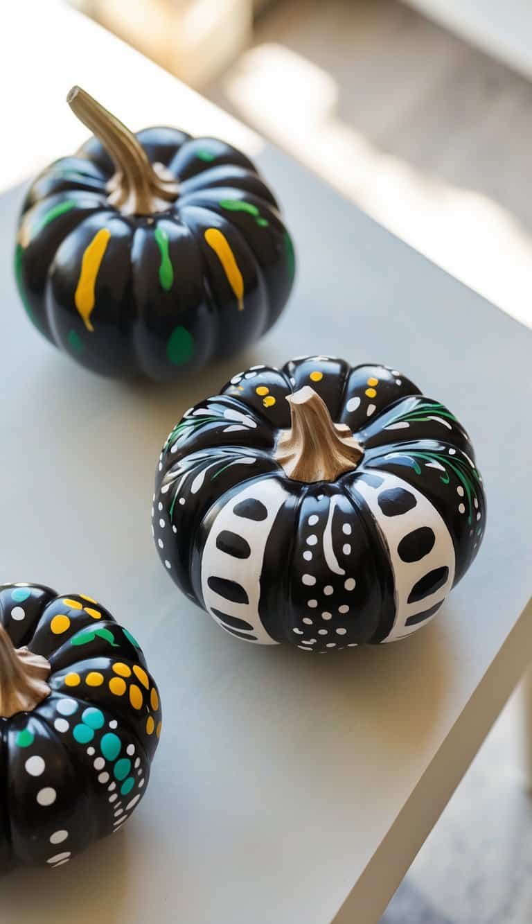 One or two black pumpkins painted with matte and glossy black patterns on a simple tabletop under soft daylight.