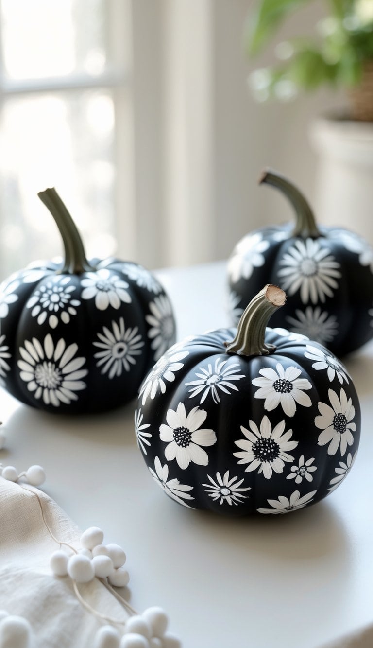 One or two black pumpkins with white floral patterns painted on them, placed on a tabletop with soft daylight.
