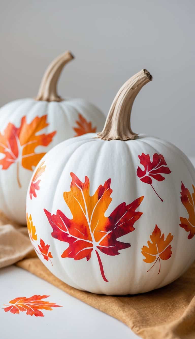 One to two white pumpkins painted with colorful orange and red autumn leaf designs on a clean tabletop.
