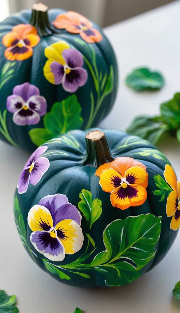 Close-up of one to two pumpkins painted with colorful pansy flowers and green leaves on a clean tabletop.