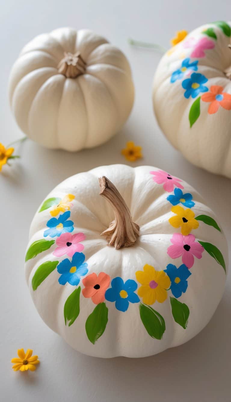 One to two pumpkins on a tabletop, each decorated with a colorful painted floral garland circling around them.