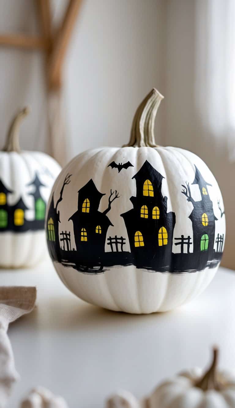 Close-up of one to two white pumpkins painted with black haunted house silhouettes on a simple tabletop.