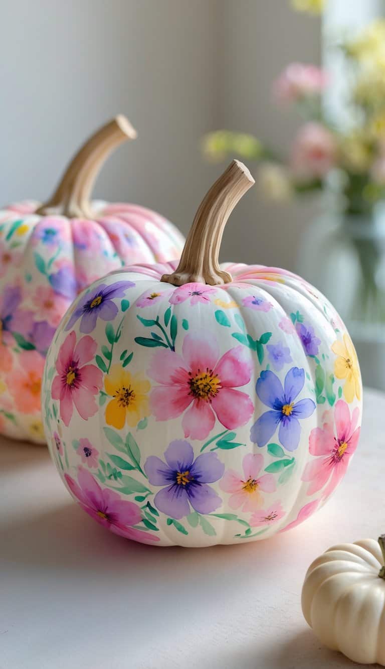 Close-up of one to two pumpkins painted with colorful floral designs on a simple tabletop.