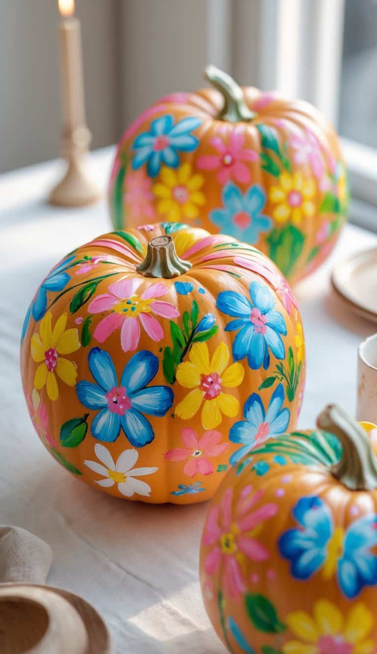 One to two pumpkins painted with colorful flowers and butterflies on a clean tabletop.