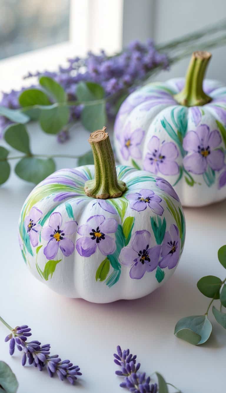 One to two small pumpkins painted with colorful lavender and eucalyptus floral designs on a clean tabletop with a few sprigs of lavender and eucalyptus nearby.