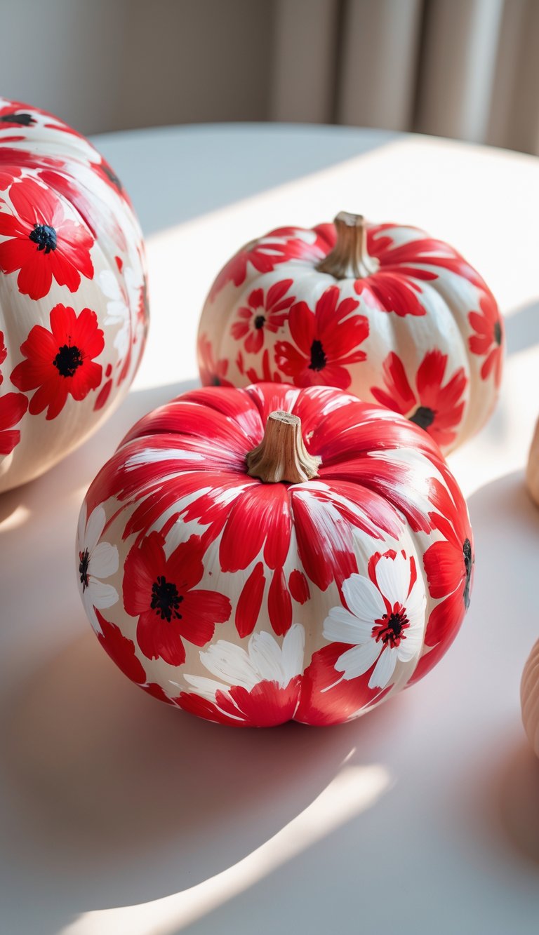 One to two pumpkins painted with red floral designs placed on a tabletop with soft natural light.