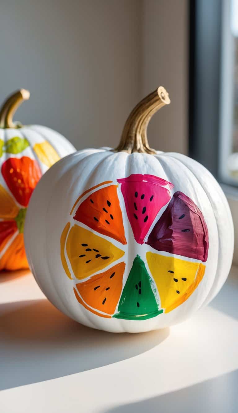 One to two white pumpkins painted with colorful pie chart designs representing autumn fruits, placed on a clean tabletop.