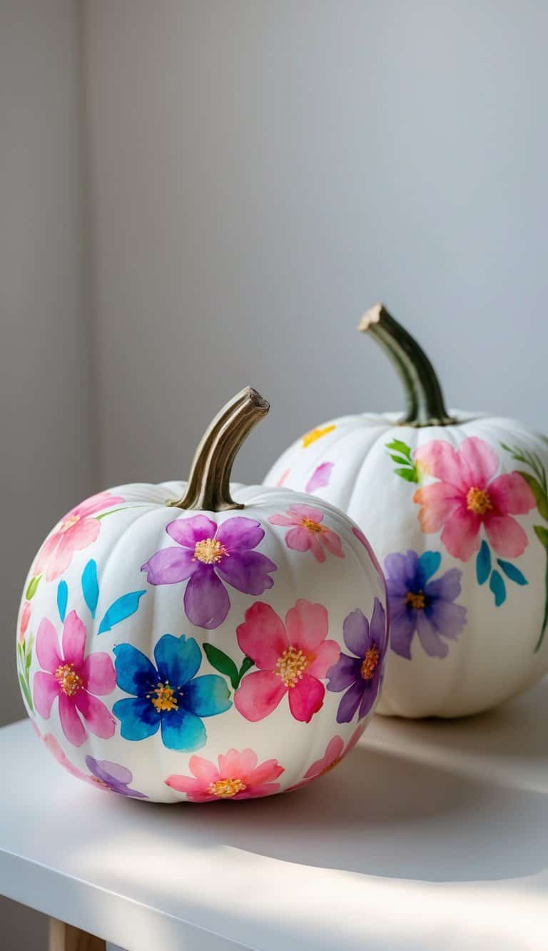 One to two white pumpkins painted with colorful floral designs sitting on a simple tabletop under soft daylight.
