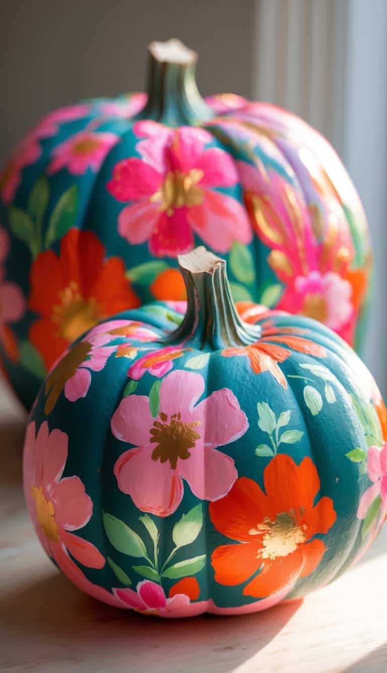 Close-up of one to two pumpkins painted with colorful floral designs on a clean tabletop.