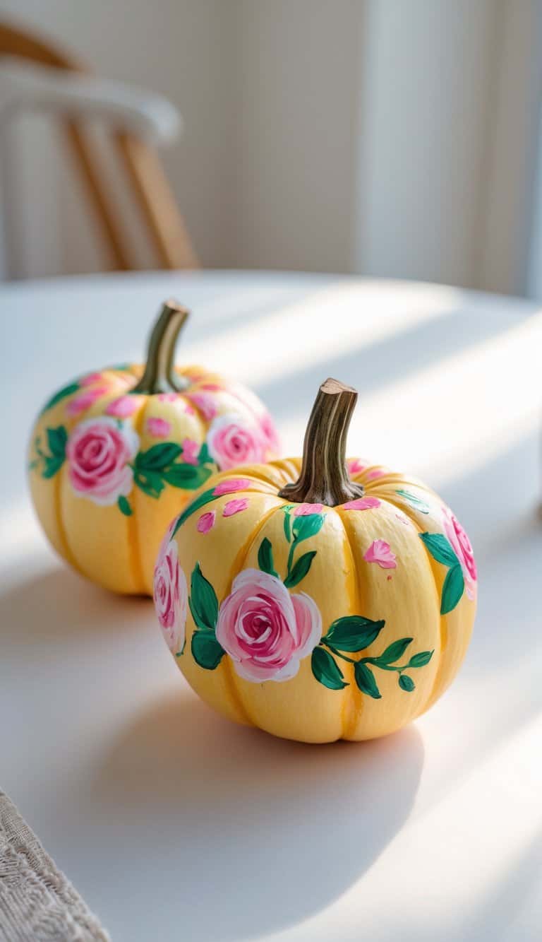 Close-up of one to two small pumpkins painted with colorful floral designs featuring tiny roses arranged in a circular crown pattern on a clean tabletop.