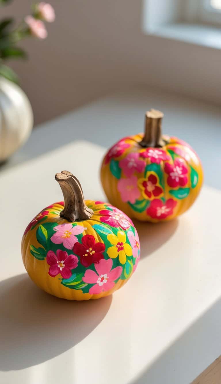 One or two small pumpkins painted with colorful floral heart designs placed on a clean tabletop.