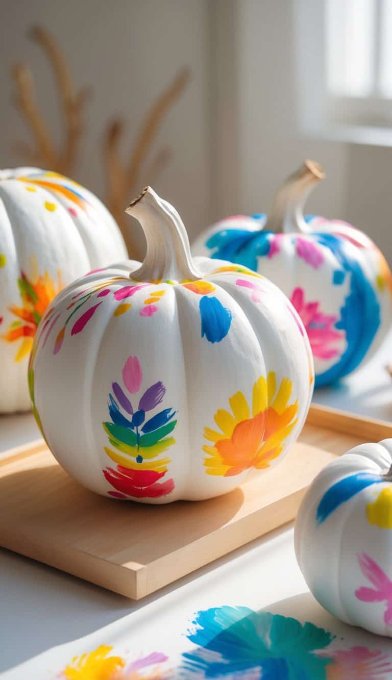 One to two white pumpkins painted with colorful, playful designs on a clean tabletop under soft daylight.