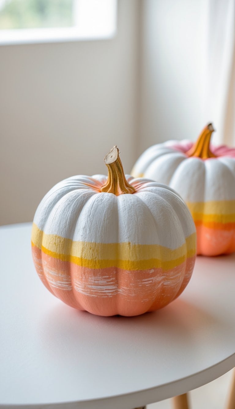 One to two painted pumpkins on a tabletop, featuring a smooth white to warm orange gradient and playful painted designs.