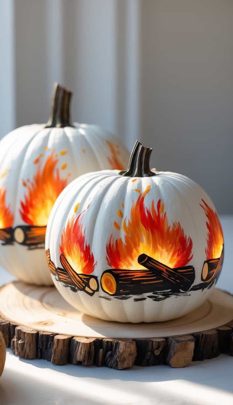 One to two white pumpkins painted with a colorful campfire scene, placed on a clean tabletop.
