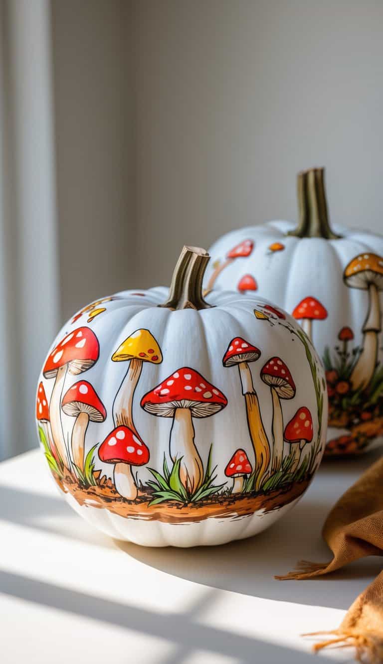 Close-up of one to two white pumpkins painted with colorful fall mushroom and toadstool designs on a clean tabletop.
