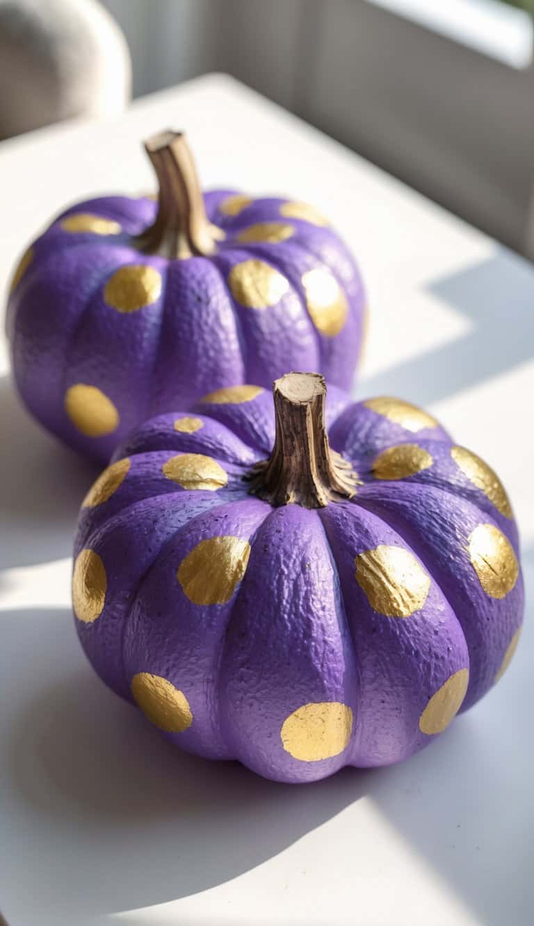 One or two purple pumpkins with gold polka dots on a tabletop with soft natural light.