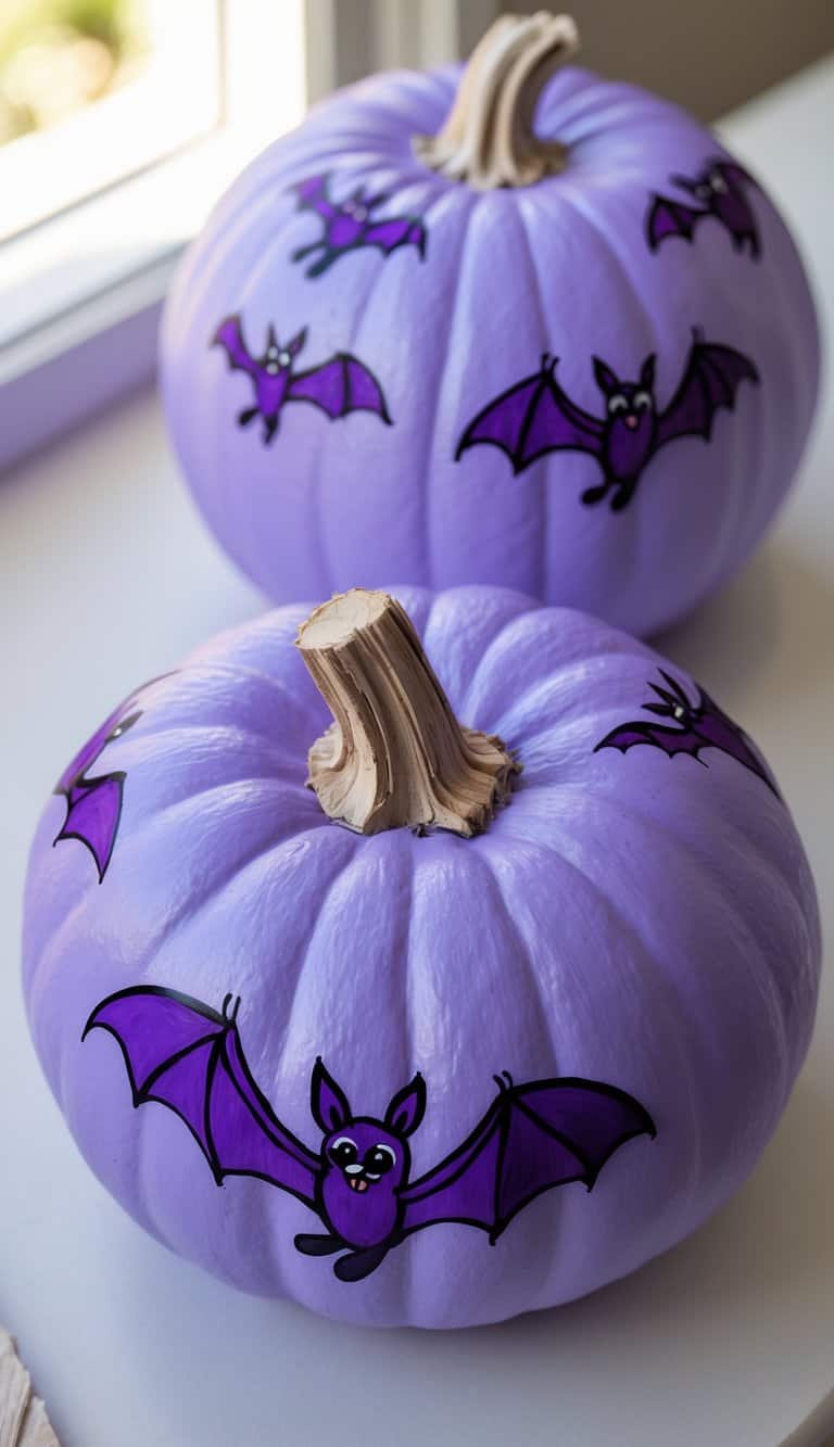 One to two purple pumpkins painted with cute purple bats on a clean tabletop under soft daylight.