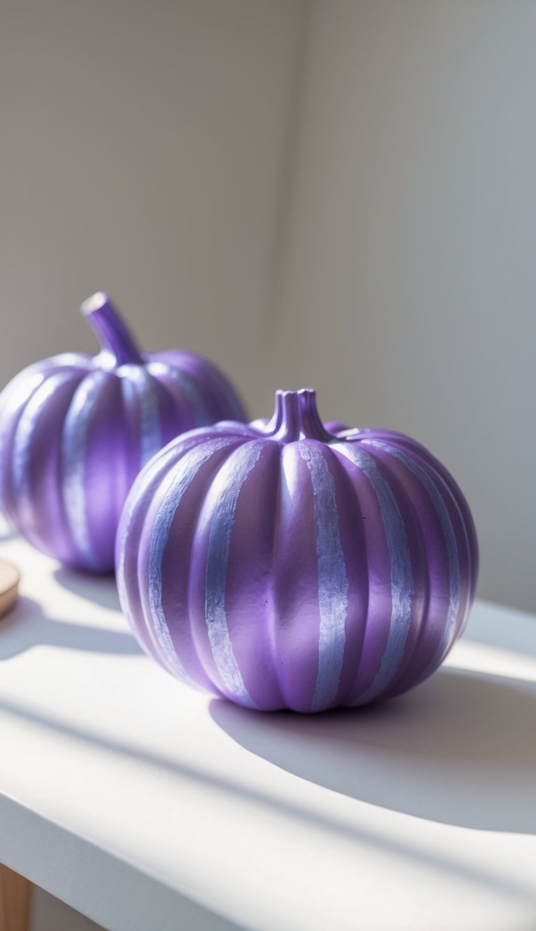 One or two purple pumpkins with metallic violet stripes placed on a clean tabletop.