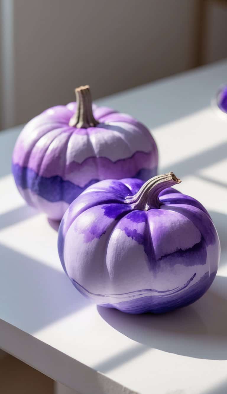 Close-up of one to two purple painted pumpkins on a tabletop with soft natural lighting.