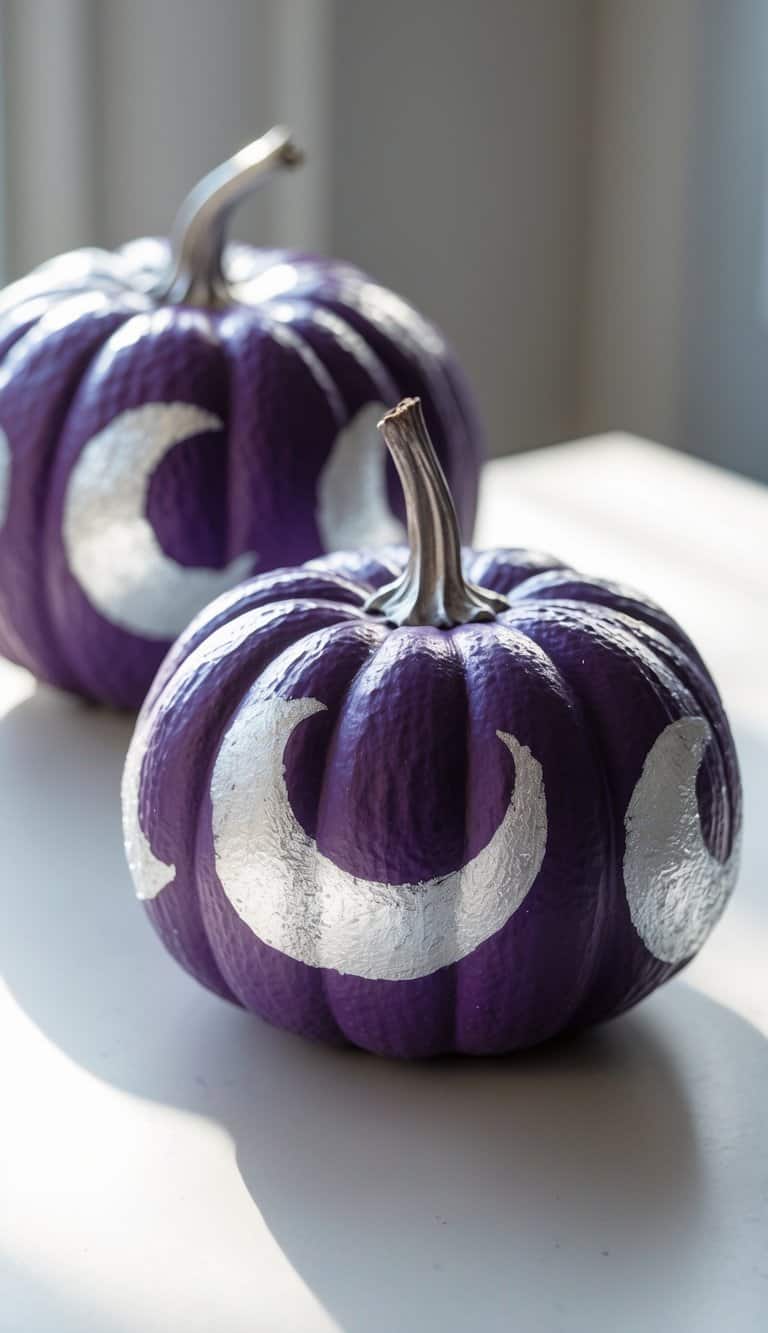 One or two deep purple pumpkins painted with silver crescent moons on a clean tabletop.