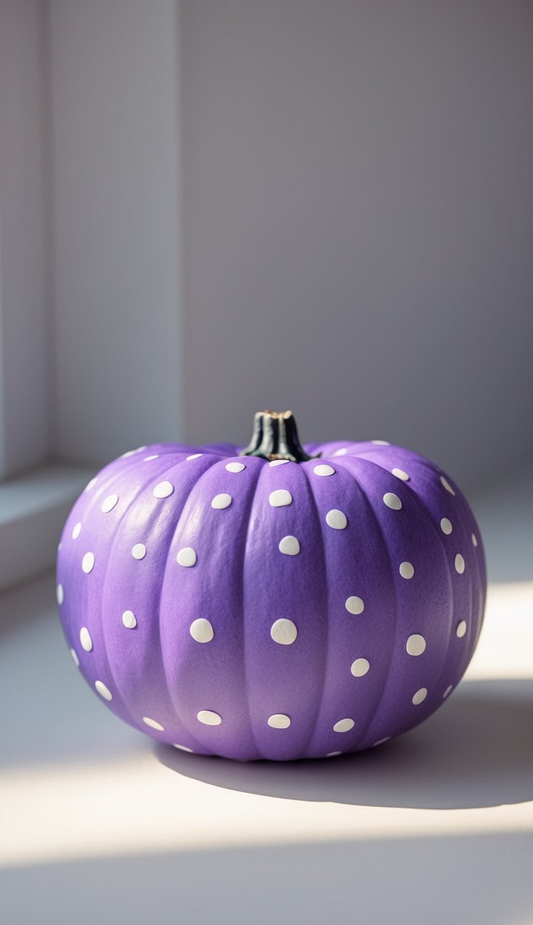 A close-up of a purple pumpkin decorated with small white polka dots on a plain surface.