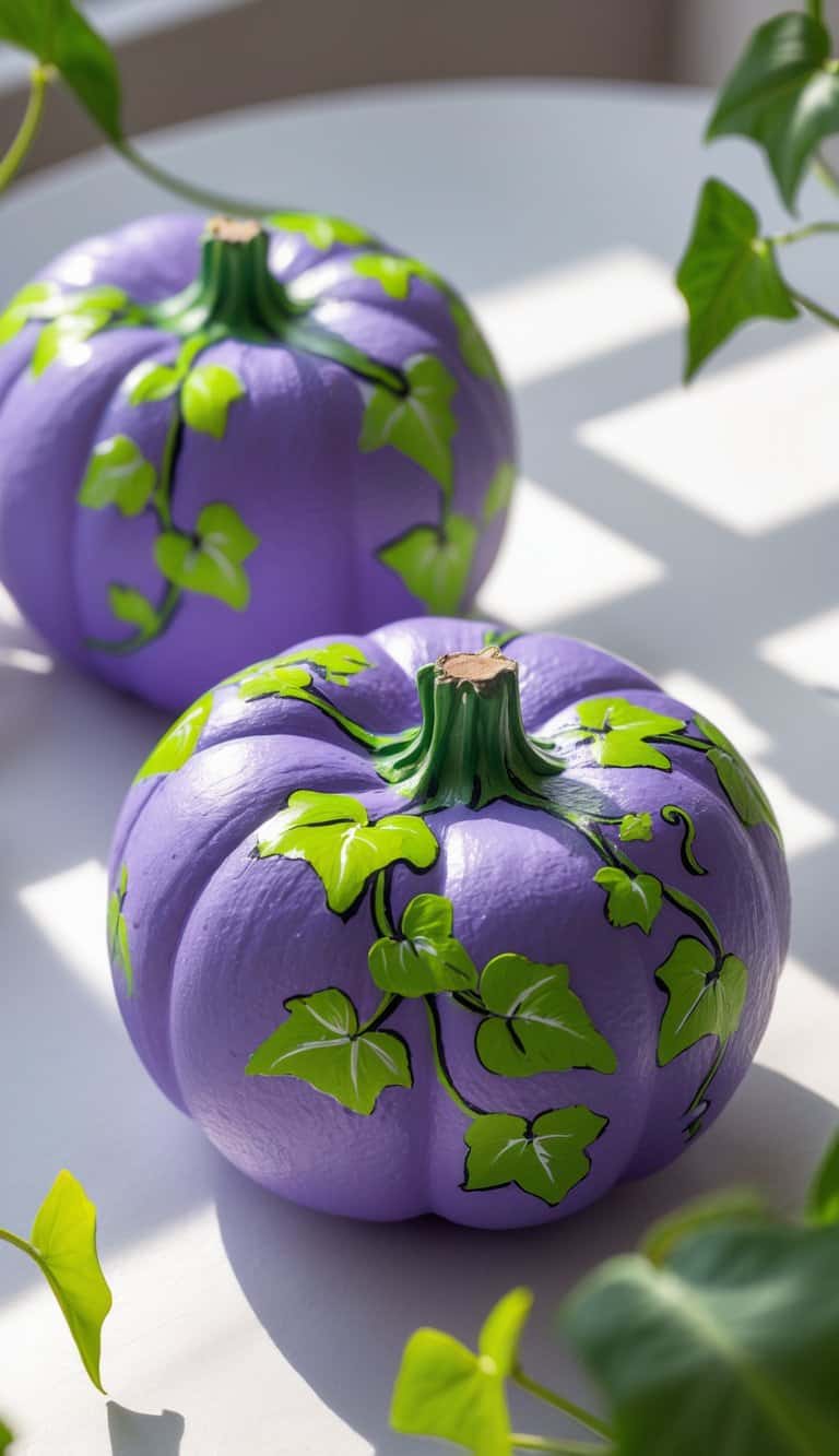 One to two purple pumpkins on a table, decorated with hand-painted green ivy vines.