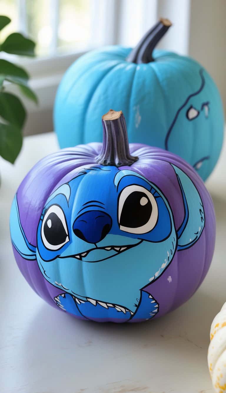 Close-up of one to two pumpkins painted with blue and purple gradient and stitch designs on a tabletop.