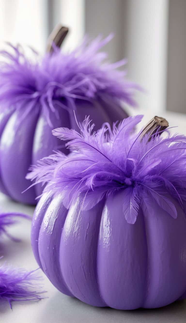 Close-up of one or two purple painted pumpkins decorated with fluffy purple feathers on a clean tabletop.