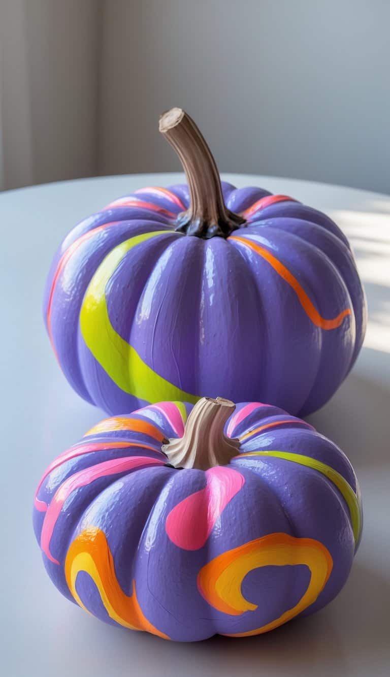 Close-up of one to two purple pumpkins painted with colorful abstract swirl designs on a clean tabletop.