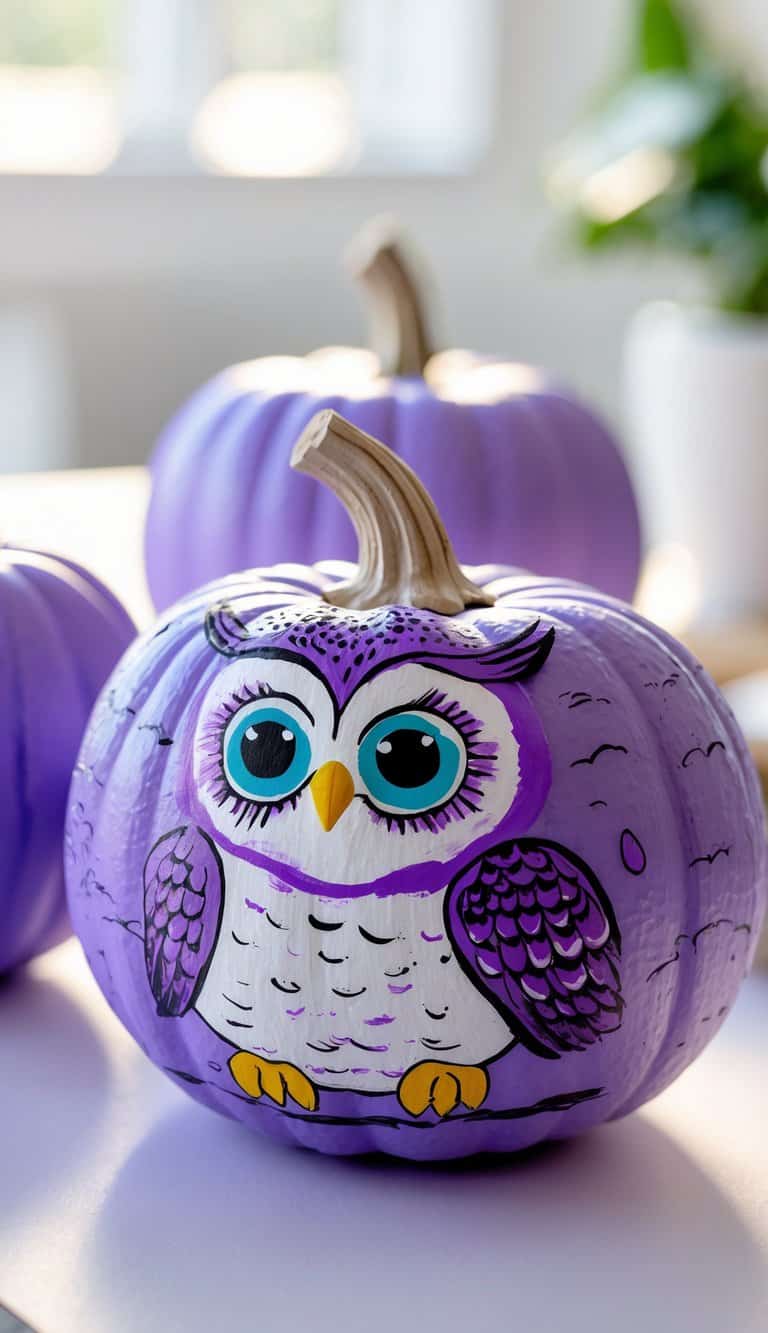 One to two purple pumpkins on a table, one painted with a cute purple owl design.