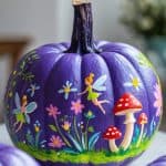 A purple pumpkin painted with colorful fairies, flowers, and red-capped mushrooms. The whimsical scene includes green grass and butterflies, creating a magical, enchanted garden theme.
