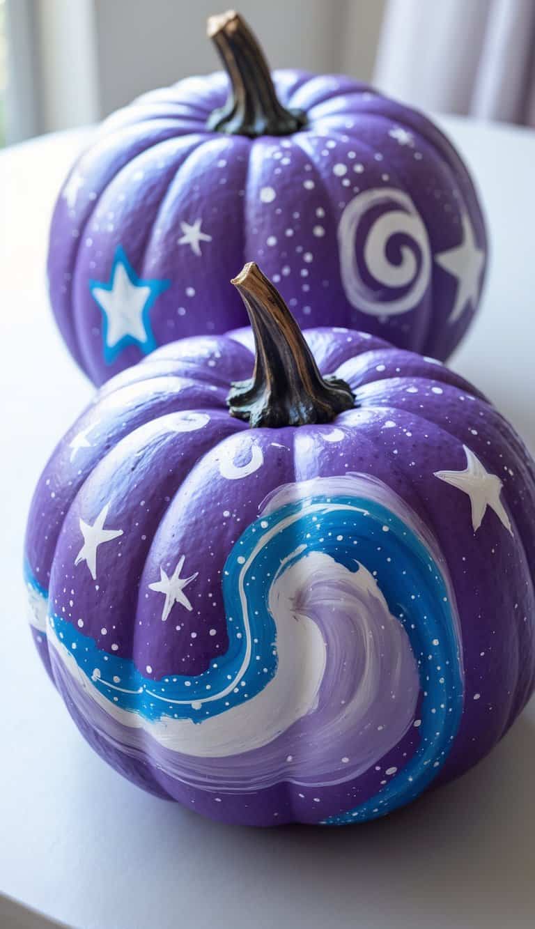 One to two purple pumpkins painted with swirling galaxy star designs on a simple tabletop.