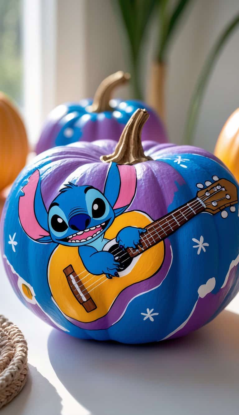 Close-up of one or two pumpkins painted with a colorful scene of Stitch's guitar, displayed on a clean tabletop under soft daylight.