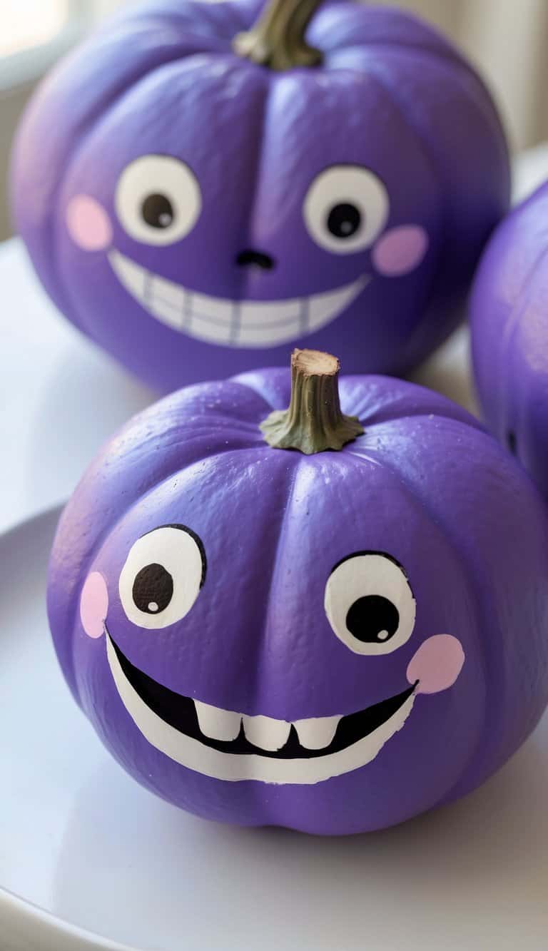 Close-up of one to two purple pumpkins painted with cute faces, placed on a clean tabletop.