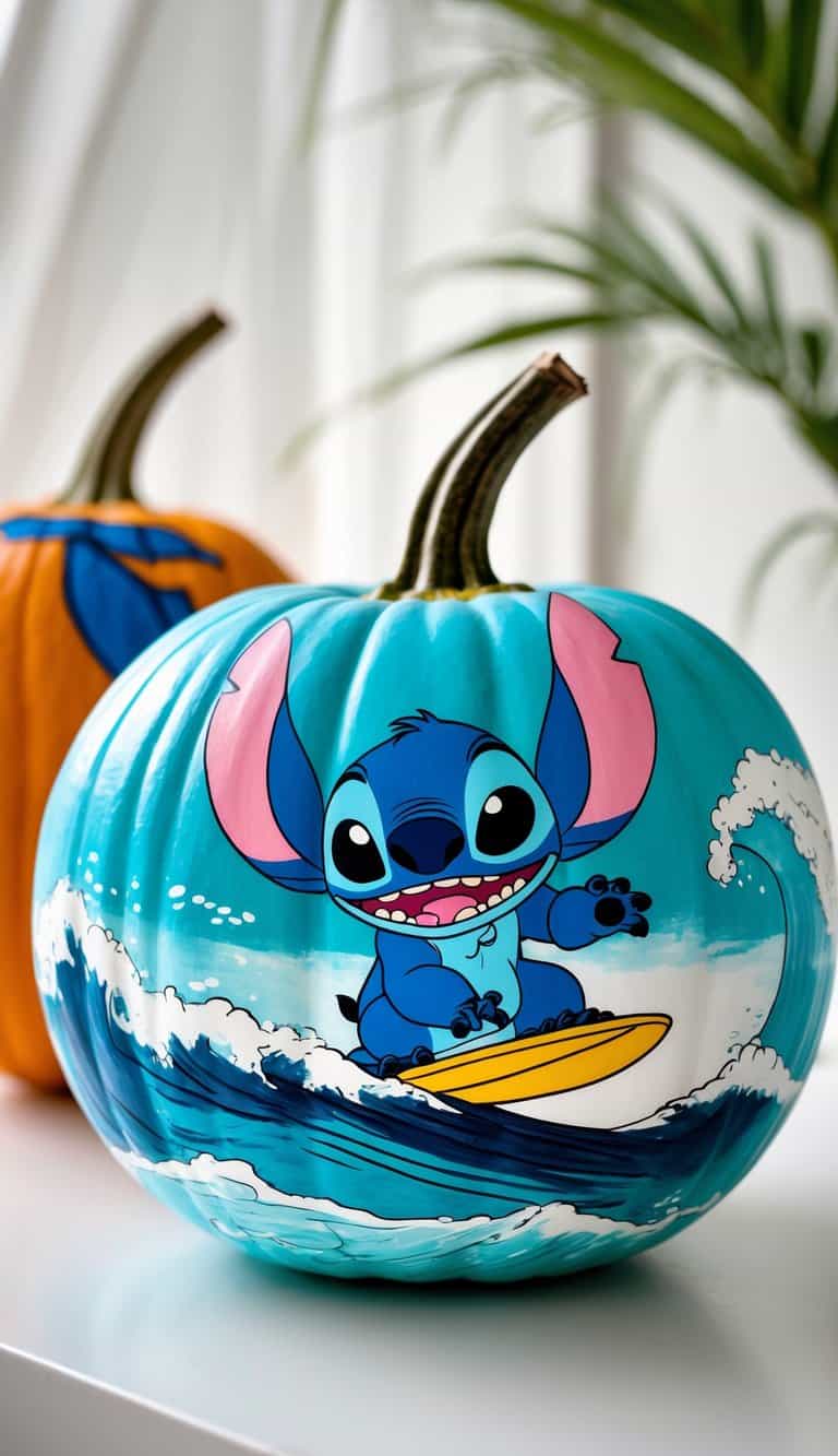 One to two pumpkins painted with colorful images of Stitch surfing on waves, arranged on a tabletop.