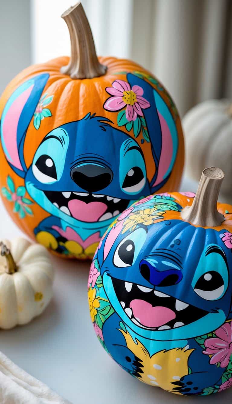 Close-up of one to two pumpkins painted with colorful Stitch designs on a tabletop.