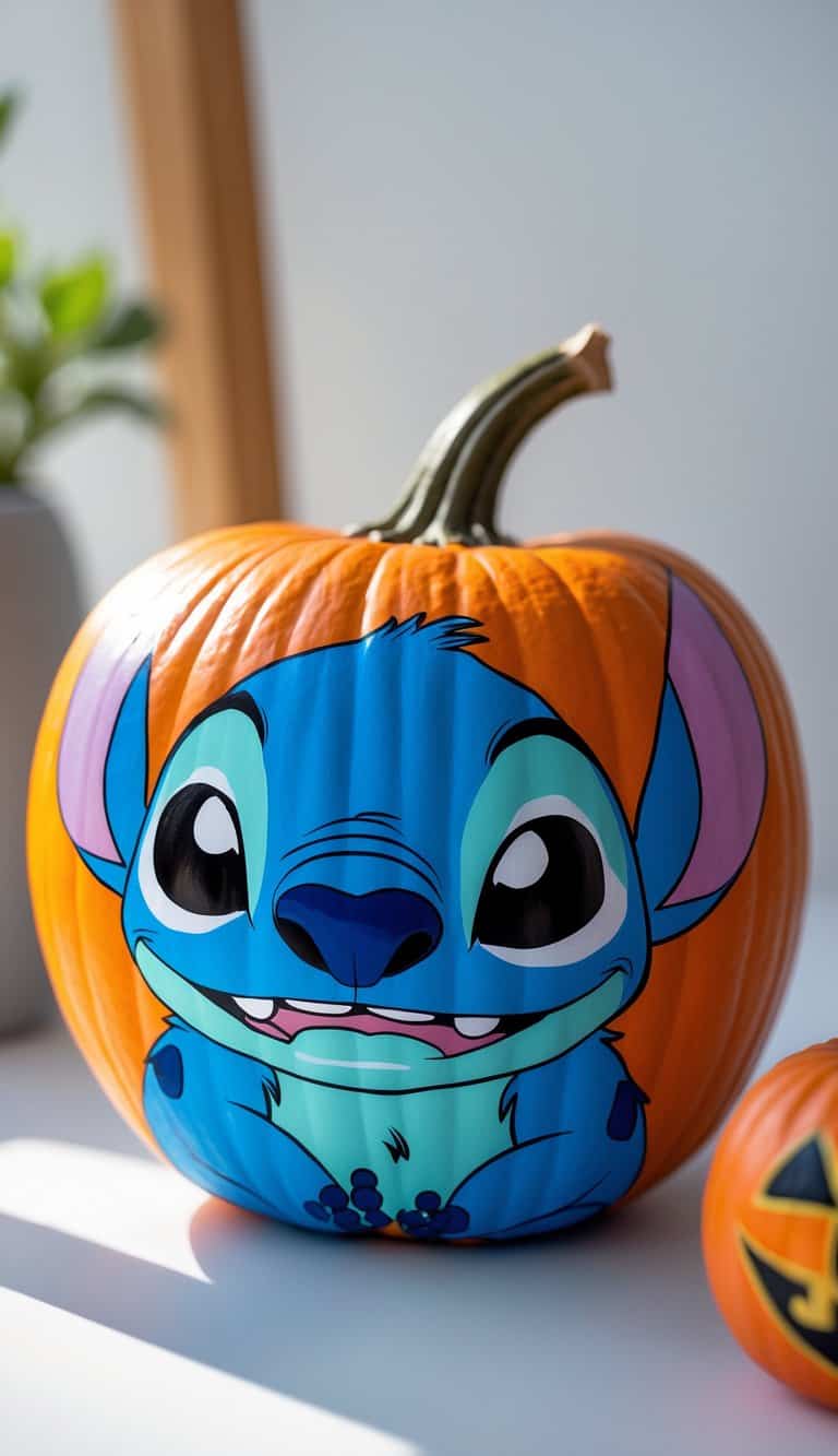 Close-up of one to two painted pumpkins on a tabletop, one painted as Stitch holding a small jack-o’-lantern pumpkin.