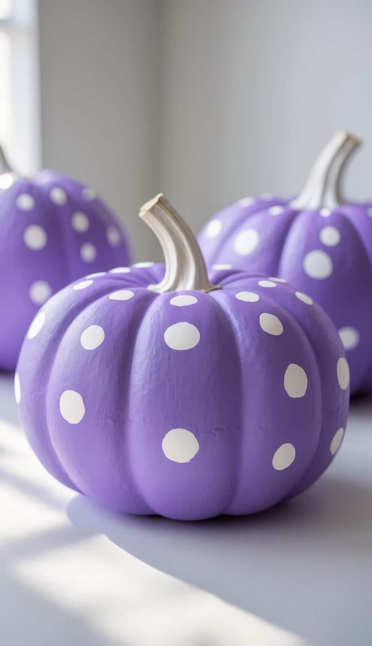 Close-up of one to two purple pumpkins painted with white dots on a clean tabletop.