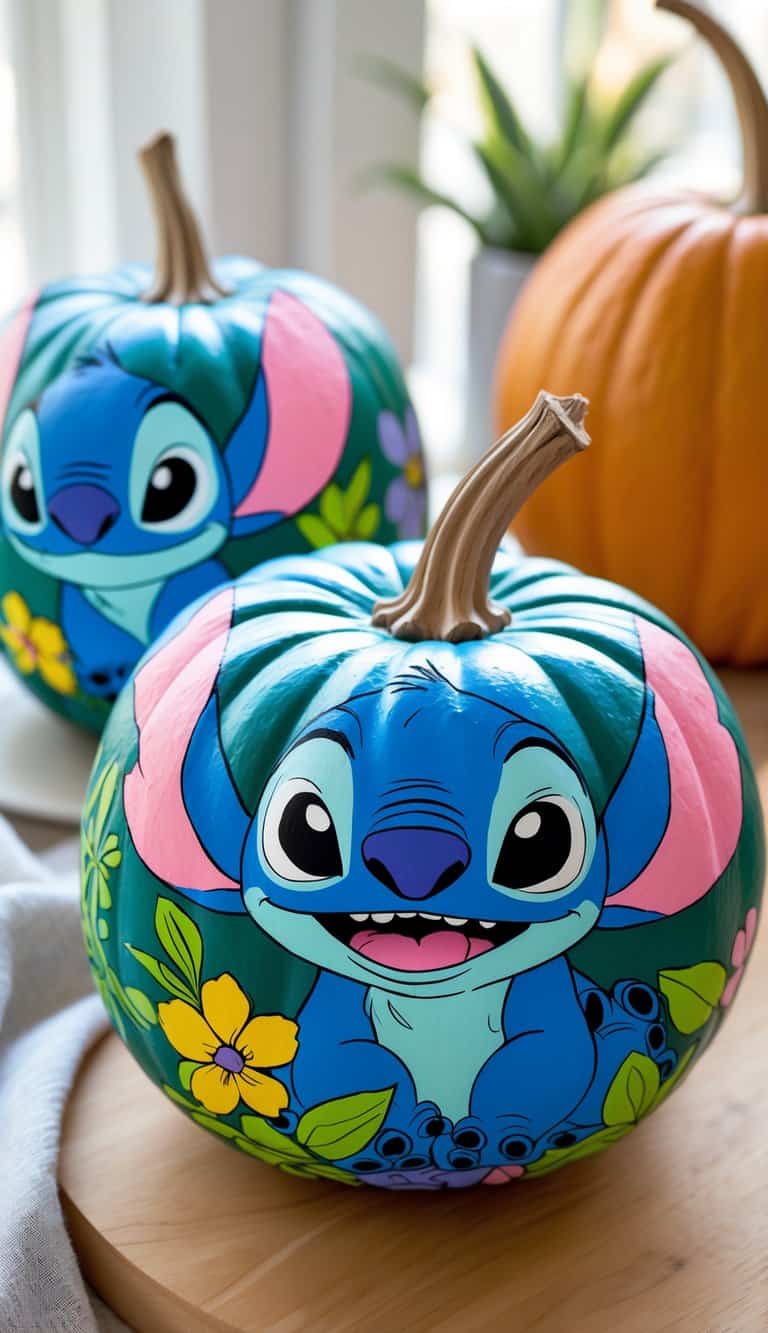 One or two pumpkins painted with colorful scenes of Stitch and friends, placed on a clean tabletop.