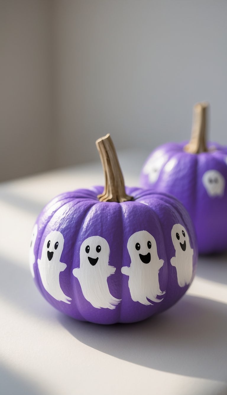 One or two small purple pumpkins painted with cute white ghost faces on a clean tabletop.