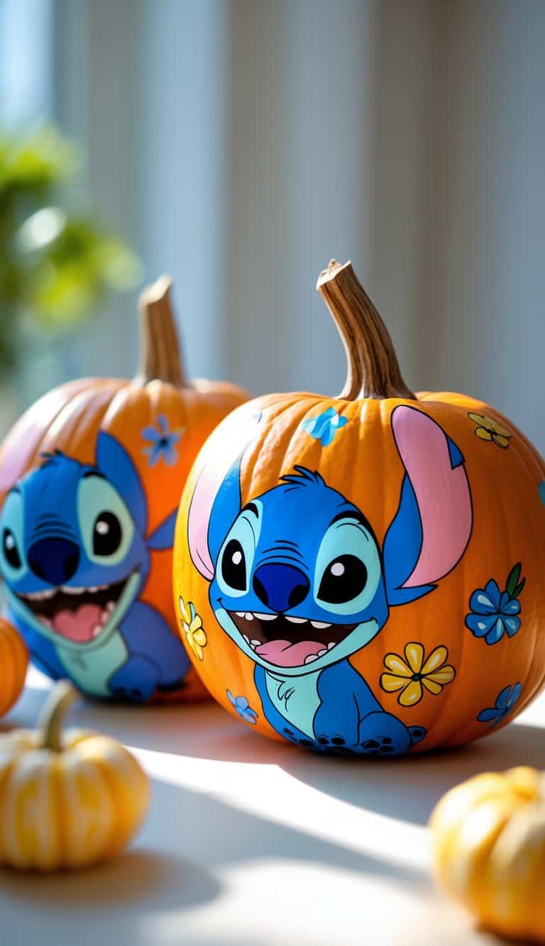 Close-up of one to two pumpkins painted with colorful Stitch designs and pumpkin motifs on a clean tabletop.