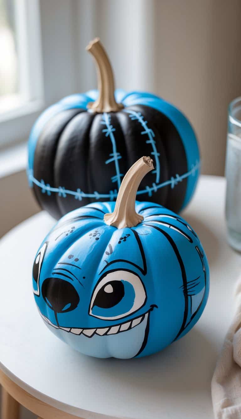 One to two pumpkins painted with black and blue stitch designs on a plain tabletop under soft daylight.