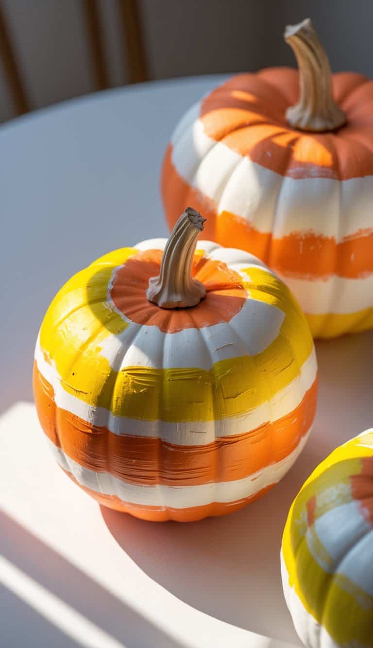 Close-up of one or two painted pumpkins on a table, decorated with colorful candy corn-inspired designs.