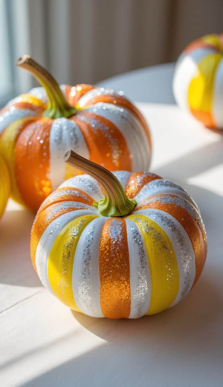 One to two brightly painted pumpkins with glitter accents on a clean tabletop under soft daylight.